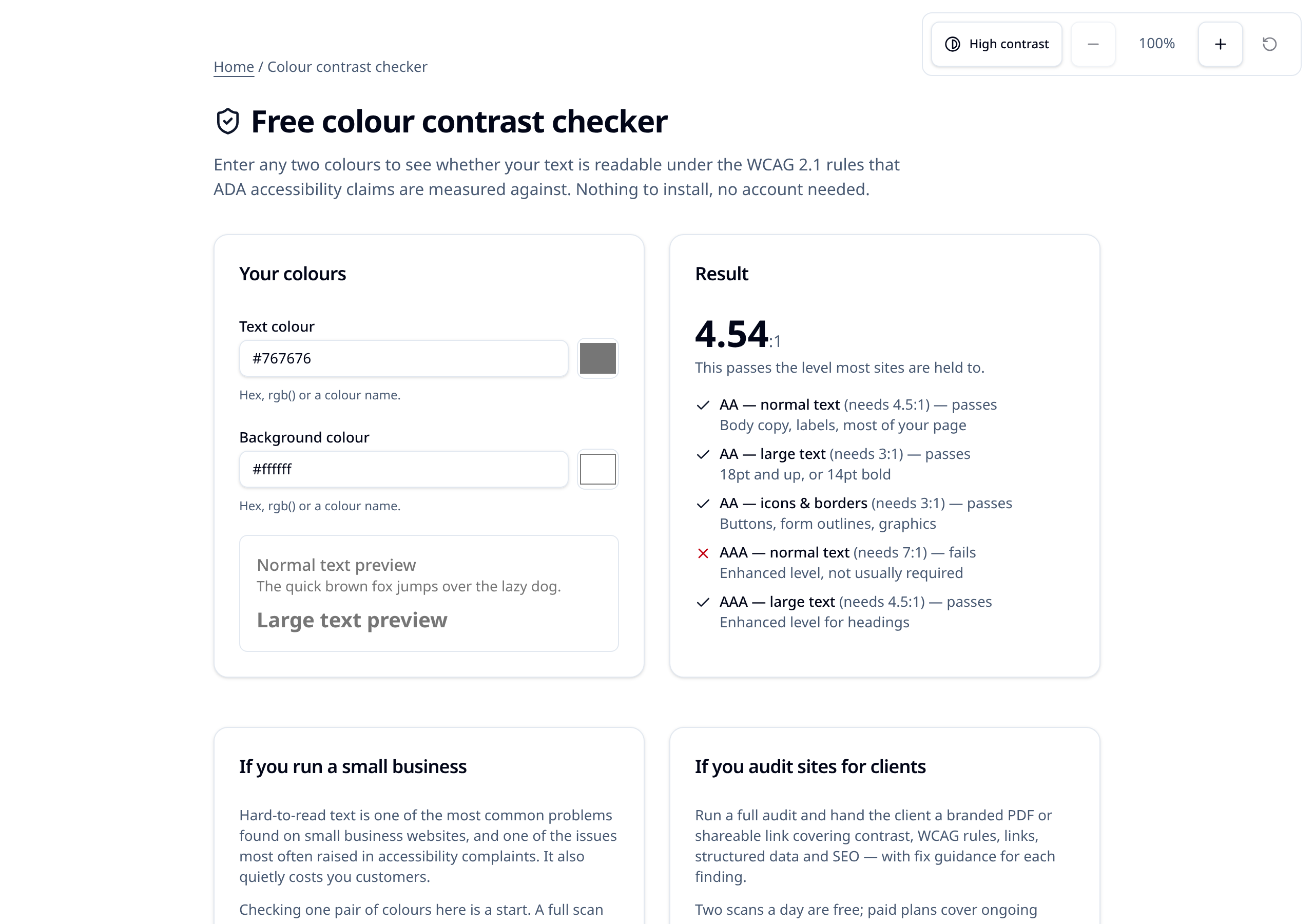 The free colour contrast checker showing a contrast ratio and pass or fail results.