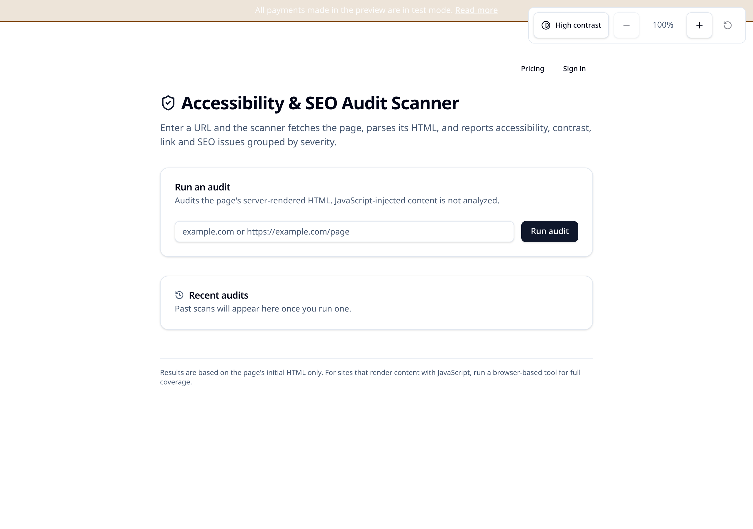 The Audit Scanner home page with the website address field and scan button.